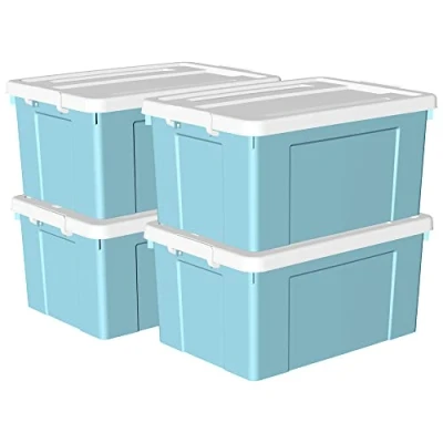 Image de Cetomo 65L*4 boîte de rangement en plastique, fourre tout, récipient d&#039;organisation avec couvercle durable et boucles verrouillage sécurisées, empilable emboîtable, lot 4, bleu boucle