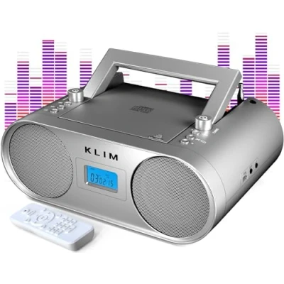 Image de KLIM Boombox B4 Poste Radio CD Portable + AM/FM, CD, Bluetooth, USB, MP3 Mode Filaire et sans Fil avec Piles Rechargeables Télécommande, Veille Auto Lecteur Argent