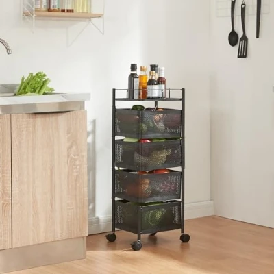 Image de [en.casa] Chariot de Service à 4 Niveaux Desserte roulettes avec Paniers Dépliables Meuble Rangement pour Cusine Salle Bain Bureau Acier 80 x 27 cm Noir