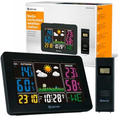 Image de Denver WS 540BLACK Station météo. Thermomètre hygromètre numérique pour la mesure de température et l&#039;humidité intérieure/extérieure. Prévisions météorologiques. Fonction horloge réveil Noir