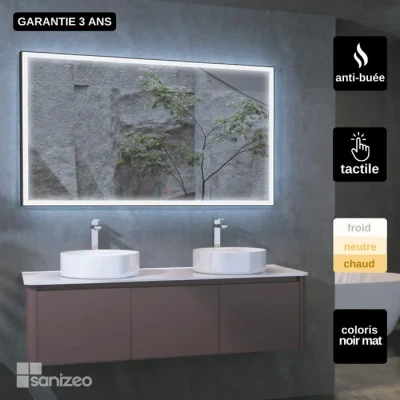 Image de Miroir Salle de Bains Lumineux SUIZA Anti Buée et Triled Tactile On/Off Noir Mat 140x60cm by SANIZÉO