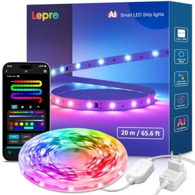 Image de Lepro S1 IA Ruban LED Connecté 20M, Éclairage généré par LLM, Bande Gaming Wifi MagicColor App Contrôle, Compatible avec Alexa et Google Assistant, Sync Musique pour Maison Chambre Fête