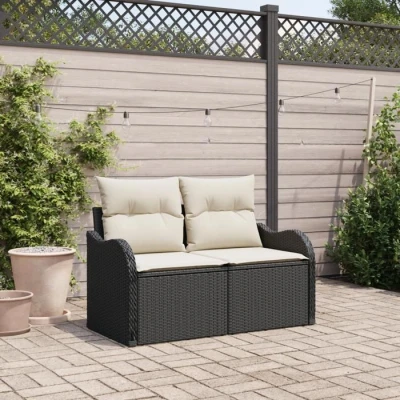 Image de Canapé de jardin 2 places vidaXL avec rangement et coussins en poly rattan noir 42006722