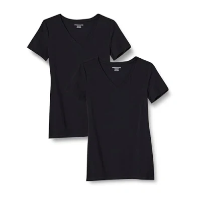 Image de Amazon Essentials T Shirt Col en v à Manches Courtes Coupe Classique Femme, Lot de 2, Noir, M