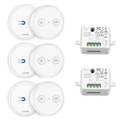 Image de LoraTap Kit Interrupteur Sans Fil, 2 Récepteurs 2500W, Portée 200M, 3 Emetteurs Radio 868Mhz, Va et Vient, Commande à Distance Mural Avec Télécommande ON/OFF Pour Eclairage