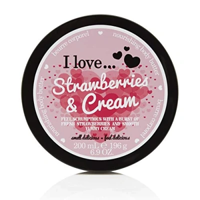 Image de I Love Strawberries &amp; Cream Body Butter, Made With 87% Naturally Derived Ingredients Including Shea Butter Coconut Oil For Soft Hydrated Skin, Moisturising Lightly Scented, Contains Natural Fruit Extracts, Vegan Friendly 200ml