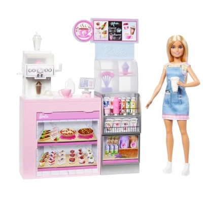 Image de Barbie Coffret Pause Café avec poupée Barista Blonde et Plus de 12 Accessoires, Dont Une Machine à café/Smoothie, la Nourriture, des Tasses Bien Encore, HXN94