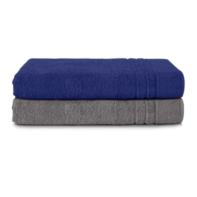 Image de Komfortec Lot de 2 Serviettes Sauna 70 x 200 cm en 100% Coton XXL Serviette Douce Grande Taille Séchage Rapide Anthracite/Bleu Marine