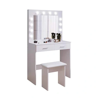 Image de Jooli H Coiffeuse avec Miroir et Tabouret LED, Hollywood Style Table de Maquillage 2 Grands tiroirs, 80x40x140cm, Blanc