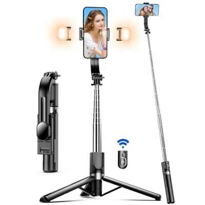 Image de Perche à Selfie 115 CM avec Trépied Amélioré 2 Lumière d’Appoint pour Téléphone Télécommande Détachable, 360 Rotation iPhone 14 13 12 11 Pro XS Max XR, Samsung, Huawei, GoPro