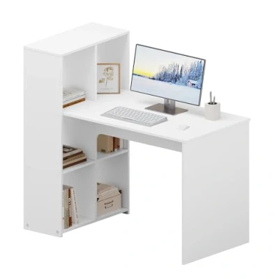 Image de eSituro Bureau d&#039;Ordinateur avec Rangement, Table de Blanc 120x63x111cm, Poste Travail 6 Compartiments Ouverts, d&#039;Étude en Bois Étagère pour à Domicile