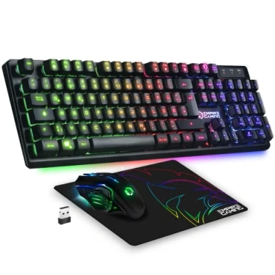 Image de Empire Gaming Armor RF800 Wireless Wiederaufladbar Tastatur und Maus Set QWERTZ (DE Layout) 2,4 G RGB Ergonomische 4800 DPI mit Mauspad PC PS4 PS5 Xbox One/Serie Mac