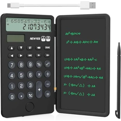 Image de NEWYES Calculatrice Portable avec Bloc Notes, 2 Lignes, Grand écran à 12 Chiffres, de Bureau Rechargeable énergie Solaire pour Bureau, école, étudiants (Noir)