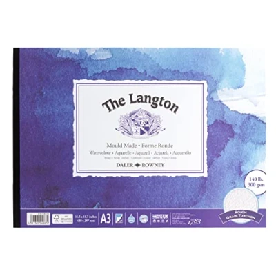Image de Daler Rowney The Langton Bloc de 12 feuilles blanches naturelles pour aquarelle 300 g/m² A3 collées sur une face sans acide
