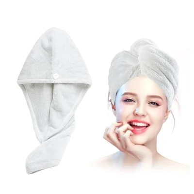 Image de Xkzhrr Serviette Cheveux, Lot de 2 Serviettes séchage en,Serviette Microfibre Cheveux Bouclés Super Absorbants, avec Bouton Design,Anti frisottis à Rapide (Blanc)