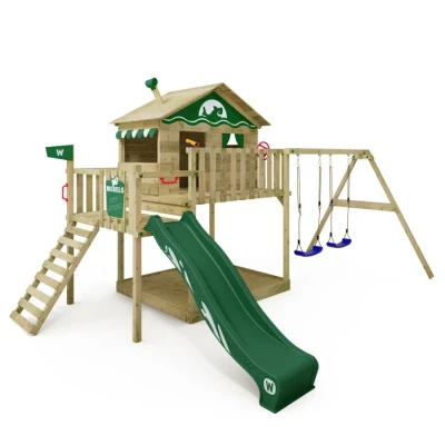 Image de WICKEY Aire de Jeux Smart Coast portique en Bois avec balançoire et Toboggan Vert, Tour d&#039;escalade pour Enfants bac à Sable, échelle Accessoires Jeu Le Jardin.