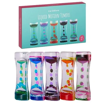 Image de THE TWIDDLERS 5 Sabliers Liquide, Sablier à Eau pour Enfants (14cm, Couleurs) Jouets Sensoriel, Fidget, TSA, TDAH Calmant, Apaisant &amp; Relaxant