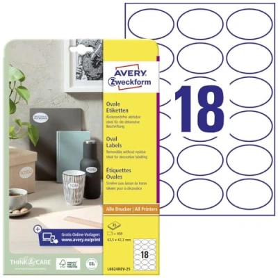 Image de Avery Zweckform L6024REV 25 Paquet de feuilles d&#039;étiquettes ovales enlevables 63, 5 x 42,3 mm (Import Allemagne)