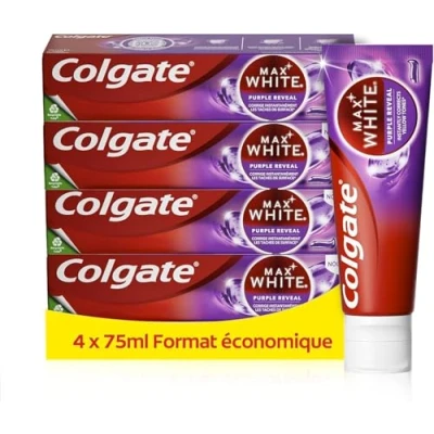 Image de Colgate Max White Purple Reveal Blanchiment dentaire Révèle des dents plus blanches instantanément* Dentifrice menthe au fluor Haleine fraîche 4 X 75 ml