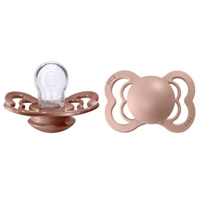 Image de tétine BIBS Supreme, lot de 2, silicone, danoise forme symétrique. Sans BPA. (Woodchuck/Blush, taille 1 (0 6 mois))