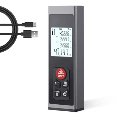 Image de Télémètre Laser Numérique Hychika Mètre Type C Rechargeable 60M avec Rétro Éclairage LCD M/in/Ft Modes De Mesure Multiples Distance Pythagore Surface Volume Mesures