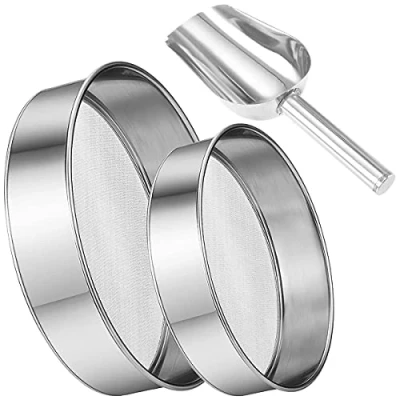 Image de Juliyeh Lot de 2 passoires à Farine avec Une cuillère Fine en Acier Inoxydable argenté Netto Tamis pâtisserie Forme Poudre 40 Mailles (15 cm + 20 cm)