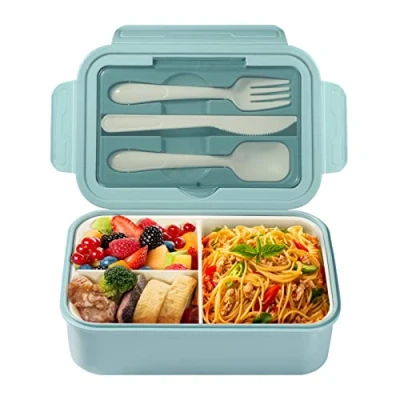 Image de Diboniur Lunch Box, Bento Box Enfant Adulte Boîte 1400ml avec 3 Compartiments, Anti Fuite Lunchbox Couverts, Convient pour Micro onde Lave vaisselle, École Pique Nique Travail (Bleu)