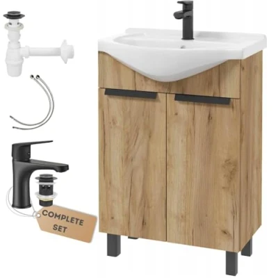 Image de Deftrans lavabo avec meuble sous vasque, 60 x 85 43,5 cm, bas et robinet de lavabo, pour invités en bois, noir, robinetterie clic clac, kit siphon