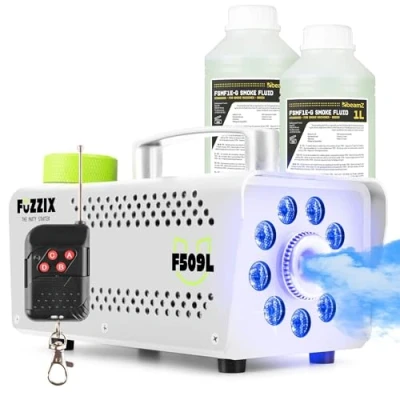 Image de Fuzzix F509LW Pack Machine à Fumée 500 Watts avec 3 LEDs RGB Blanc, 2L de Liquide, Facile transporter, Puissante et Compacte, Niveau Réservoir, Idéal pour les Anniversaires, Soirées Halloween
