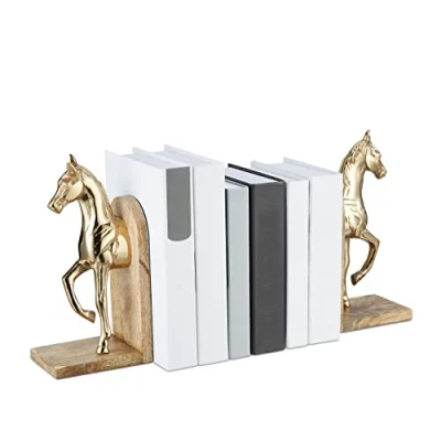 Image de Relaxdays Serre Livres en 2 pièces, chacune ornée d’Un Cheval, Design élégant, H x L P : 26,5 9 13 cm, Nature/doré