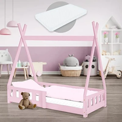 Image de ML Design Lit Enfant Tipi 70x140 cm Rose avec Matelas à Mousse Froide Polyester, Housse Amovible, Sommier Lattes, Anti Chute, Style Indien en Bois de Pin Massif, Protection Contre Les Chutes