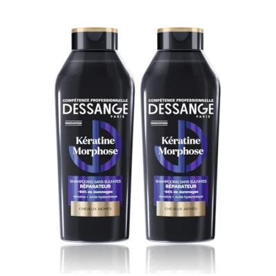 Image de DESSANGE Shampoing Kératine Morphose Sans Sulfates Formule Enrichie En Végétale &amp; Acide Hyaluronique Répare Protège La Fibre Capillaire Cheveux Abîmés 2 X 280 ml