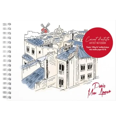 Image de Clairefontaine 812438C Un Carnet d&#039;Artiste A Spirale Moulin Rouge A5 Paysage 21x14,8cm 30 Feuilles de Papier Dessin Blanches Multitechniques 180g Collection