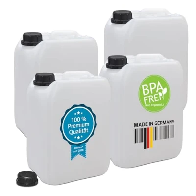 Image de plasteo® Lot de 4 bidons vides 5 litres avec fermeture sécurité (DIN 45) Convient à un usage alimentaire Portables, empilables et stables Pour l&#039;intérieur l&#039;extérieur Sans BPA