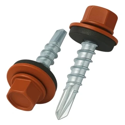Image de 4.8 mm x 25 vis de toiture, tête hexagonale autoperceuse colorée (RAL 8004 Brun cuivré) toit avec rondelle scellée en EPDM, à gros filets trempés zingués antirouille (50 pièces)