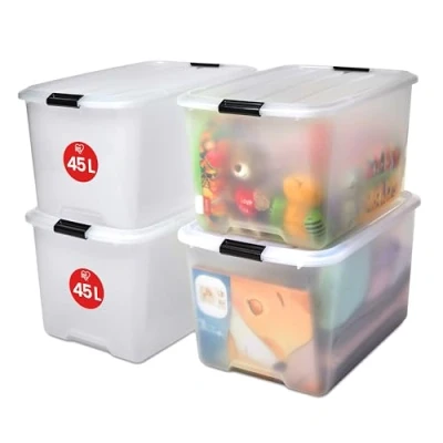 Image de Iris Ohyama, Boite Rangement Plastique avec Couvercle, 45L, Lot de 4, Transparent, Clips Fermeture, Poignée, Empilable, Portable, Solide &amp; Durable, pour Dressing, Garage, Chambre, Bureau, TB 45