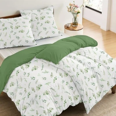 Image de Dreamzie 2 Housses de Couette 135x200 cm avec Taies d&#039;oreiller 80x80 cm, Motif Botanique Vert Sauge, Parure Lit à Feuilles, Linge Fermeture Éclair, Oeko TEX