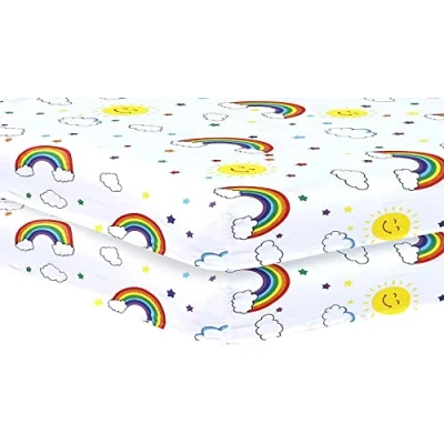 Image de Indus Textiles Lot de 2 draps housses pour lit bébé, faciles d&#039;entretien, doux et durables, arc en ciel, 70 x 140 cm