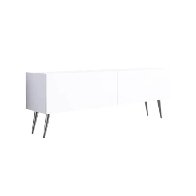 Image de 3E 3xE living.com Meuble TV : Deux Portes, étagères, Couleur Blanc Mat, Pieds chromés, D L 140 cm, H 52 P 32 cm