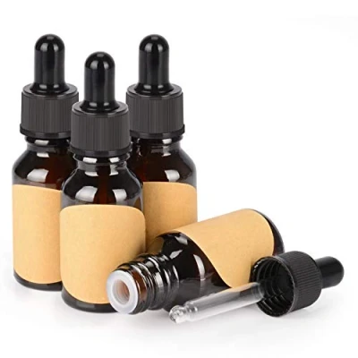 Image de stonylab 15 ml (0,5 oz) 4 Pack Flacon Compte gouttes en Verre, Marron Verre Vide avec Conique, Bouchon Interne et Étiquette pour Huiles Essentielles Fragrances
