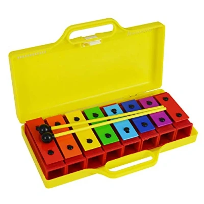 Image de A Star Lot de 8 barres carillon colorées Soprano Diatonic Rainbow Glockenspiel Xylophone avec deux batteurs et étui transport jaune solide C6 à C7