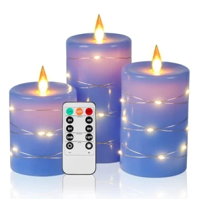 Image de bougies LED Angle de vision 360 ​​degrés, avec guirlandes lumineuses étoilées, lot 3 LED, télécommande à 10 touches, fonction minuterie 24 heures, flamme dansante (Bleu).