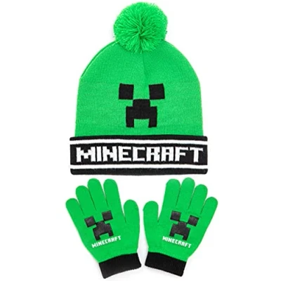 Image de Minecraft Ensemble de bonnets, bonnet, gants tricotés, pour enfants, Taille unique, Noir, unique