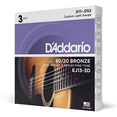 Image de D&#039;Addario Cordes Guitare Acoustique Corde Folk EJ13 3D en Bronze pour Phosphoreux 80/20 Custom Light, 11 52 3 Pack