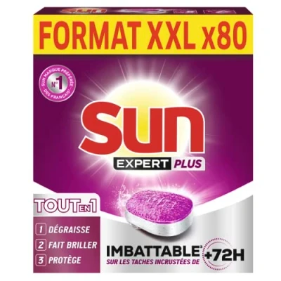 Image de SUN Pastilles Lave Vaisselle Tout en 1 80 Capsules Expert Plus imbattable sur les taches incrustées de + 72h dégraisse et fait briller