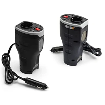 Image de Technaxx Allemagne Convertisseur de Voiture avec 2 Ports USB pour Charger appareils électroniques Arrêt Automatique sécurité 12 V DC 230 AC Protection surchauffe surtensions TE13 Noir