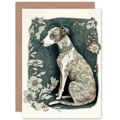 Image de Artery8 Whippet Dog with Floral Pattern Fur Coat Art Nouveau Inspired Watercolour Illustration Birthday Sealed Greeting Card Plus Envelope Blank inside