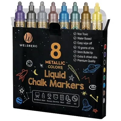 Image de Welsberg Lot de 8 Marqueurs à Craie Liquide Métallique Effaçables, Pointe 5 mm, Stylos Craies Liquides pour Tableau Noir, Blanc Fenêtre, Verre avec Encre Jumbo 10 grammes