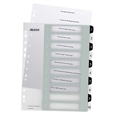 Image de Leitz Intercalaires 1 10, Imprimable sur PC, A4, Extra Large, Plastique Ultra Résistant, Blanc/Noir, WOW, 12150000