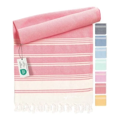 Image de Serviette de Plage hammam Fouta en Coton 100% recyclé Turque à séchage Rapide, fouta, Bain pestemal idéale comme Drap XXL Corail 200x200cm Diamond